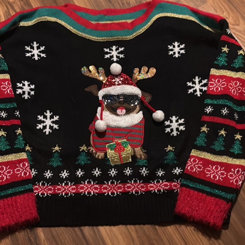 Blizzard Bay Festive Black Ugly Christmas Sweater with Pug Design
